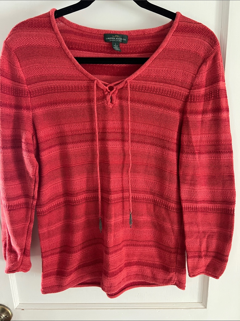 VTG Lauren Ralph Lauren Coral-Red Striped Knit Lacey-up Sweater Sz L
